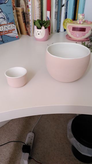 A small cup and curvy planter, painted in glaze: respectively light pink and light orange, both with white inside overflowing at the rim.
