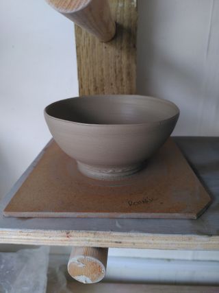 A little bowl, wet on its bat after throwing.
