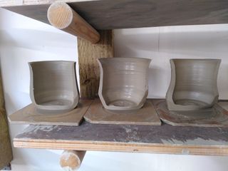 Half cuts of 3 thrown mug bodies, showing their regular rims