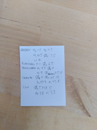 A piece of paper with scrappy notes of various measurements.
