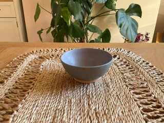 
A tiny bowl in a blue matt glaze (slightly darker on the outside).
